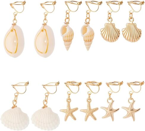 UNICRAFTALE 6 Pairs 6Styles 304 Stainless Steel Clip-on Earring Golden Ocean Dangle Ears Non-Pierced Earrings Summer Theme Ears Natural Shell Clip-on Earring for Women Gifts in Saudi Arabia