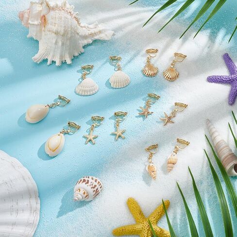 UNICRAFTALE 6 Pairs 6Styles 304 Stainless Steel Clip-on Earring Golden Ocean Dangle Ears Non-Pierced Earrings Summer Theme Ears Natural Shell Clip-on Earring for Women Gifts in Saudi Arabia