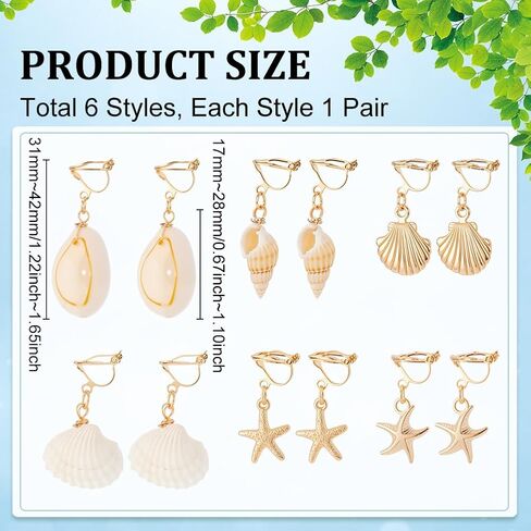 UNICRAFTALE 6 Pairs 6Styles 304 Stainless Steel Clip-on Earring Golden Ocean Dangle Ears Non-Pierced Earrings Summer Theme Ears Natural Shell Clip-on Earring for Women Gifts in Saudi Arabia