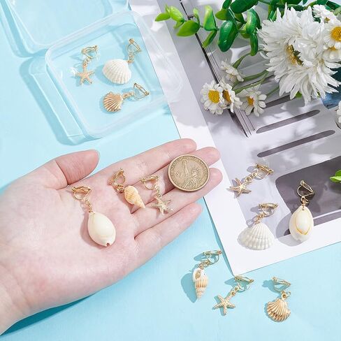 UNICRAFTALE 6 Pairs 6Styles 304 Stainless Steel Clip-on Earring Golden Ocean Dangle Ears Non-Pierced Earrings Summer Theme Ears Natural Shell Clip-on Earring for Women Gifts in Saudi Arabia