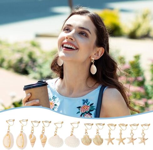 UNICRAFTALE 6 Pairs 6Styles 304 Stainless Steel Clip-on Earring Golden Ocean Dangle Ears Non-Pierced Earrings Summer Theme Ears Natural Shell Clip-on Earring for Women Gifts in Saudi Arabia