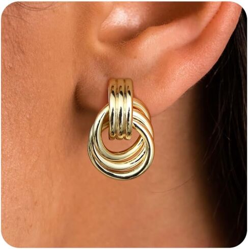 14K Gold Plated Clip On Earrings for Women - Geometric Statement Non Pierced Earring Chunky Knot Link Colorful Dangle Clip Earrings Trendy Jewelry Gift in Saudi Arabia