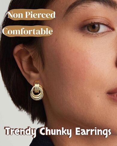 14K Gold Plated Clip On Earrings for Women - Geometric Statement Non Pierced Earring Chunky Knot Link Colorful Dangle Clip Earrings Trendy Jewelry Gift in Saudi Arabia