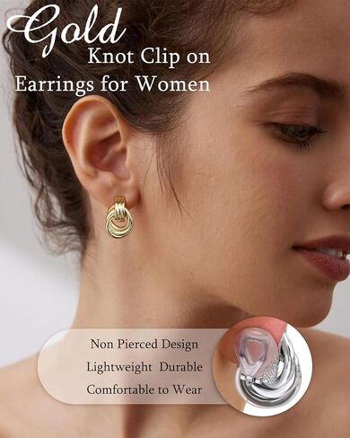 14K Gold Plated Clip On Earrings for Women - Geometric Statement Non Pierced Earring Chunky Knot Link Colorful Dangle Clip Earrings Trendy Jewelry Gift in Saudi Arabia