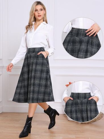 Allegra K Plaid Skirts for Women's Vintage Tartan High Waist A-Line Midi Skirt with Pockets in Saudi Arabia