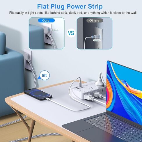 Surge Protector Power Strip 5 Ft Cord, Ultra Thin Flat Extension Cord with 6 Outlets 4 USB Ports(2 USB C), Flat Plug Power Strip, Braided Power Cord for College Dorm Room Essentials in Saudi Arabia