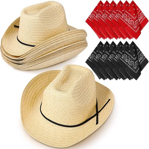SATINIOR 12 Set Straw Cowboy Caps and Bandanas Cowboy Party cap Costume Head Bandana Bulk Western Accessories(Beige, Khaki, Brown, Classic Style) in Kuwait