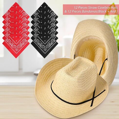 SATINIOR 12 Set Straw Cowboy Caps and Bandanas Cowboy Party cap Costume Head Bandana Bulk Western Accessories(Beige, Khaki, Brown, Classic Style) in Kuwait