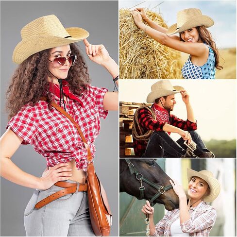 SATINIOR 12 Set Straw Cowboy Caps and Bandanas Cowboy Party cap Costume Head Bandana Bulk Western Accessories(Beige, Khaki, Brown, Classic Style) in Kuwait