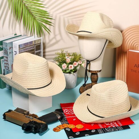 SATINIOR 12 Set Straw Cowboy Caps and Bandanas Cowboy Party cap Costume Head Bandana Bulk Western Accessories(Beige, Khaki, Brown, Classic Style) in Kuwait