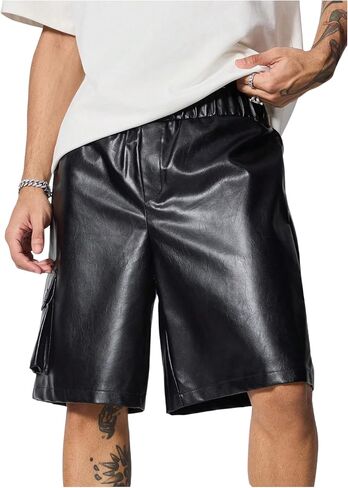 OYOANGLE Men's PU Leather Flap Pocket Cargo Shorts Loose Fit Elastic Waist Wide Leg Shorts Streetwear in Saudi Arabia