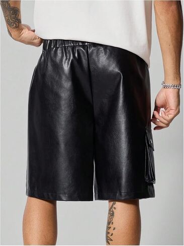 OYOANGLE Men's PU Leather Flap Pocket Cargo Shorts Loose Fit Elastic Waist Wide Leg Shorts Streetwear in Saudi Arabia