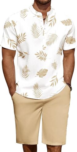 COOFANDY Men's 2 Pieces Linen Set Casual Henley Shirts Short Sleeve Beach Yoga Shorts Summer Pants Outfits in Saudi Arabia