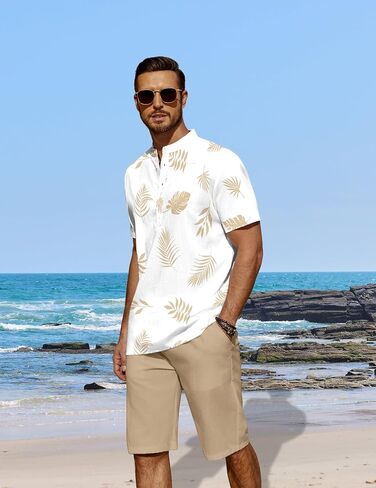 COOFANDY Men's 2 Pieces Linen Set Casual Henley Shirts Short Sleeve Beach Yoga Shorts Summer Pants Outfits in Saudi Arabia