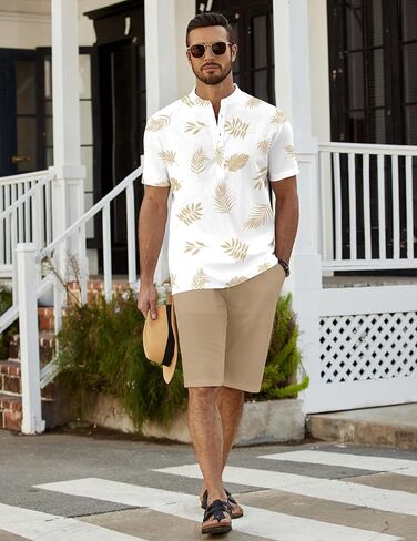 COOFANDY Men's 2 Pieces Linen Set Casual Henley Shirts Short Sleeve Beach Yoga Shorts Summer Pants Outfits in Saudi Arabia