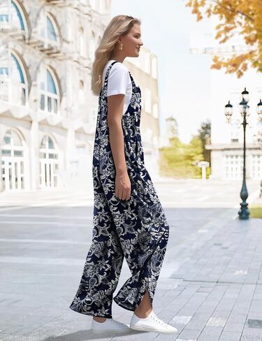 YESNO Jumpsuits for Women Casual Fall Boho Floral Overalls Side Slit Wide Leg Pants Outfit with Pockets PL2 in Saudi Arabia