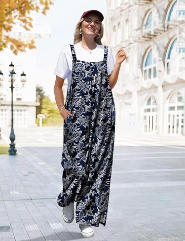 YESNO Jumpsuits for Women Casual Fall Boho Floral Overalls Side Slit Wide Leg Pants Outfit with Pockets PL2 in Saudi Arabia