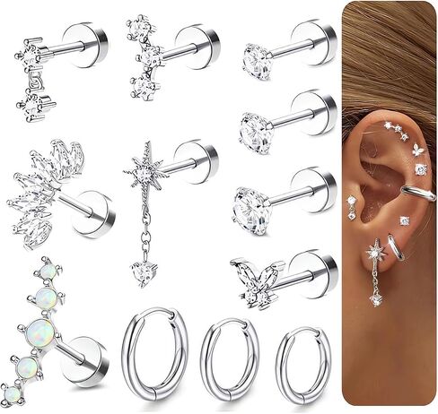 Incaton 20G Single 12Pcs Gold Flat Back Stud Cartilage Hoop Earrings for Women Hypoallergenic Surgical Steel Studs Hoops Earring Set Daith Tragus Conch Helix Piercing Jewelry FlatBack Stud Earrings in Saudi Arabia