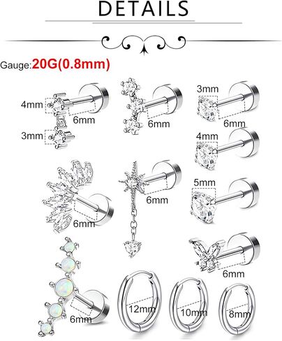 Incaton 20G Single 12Pcs Gold Flat Back Stud Cartilage Hoop Earrings for Women Hypoallergenic Surgical Steel Studs Hoops Earring Set Daith Tragus Conch Helix Piercing Jewelry FlatBack Stud Earrings in Saudi Arabia