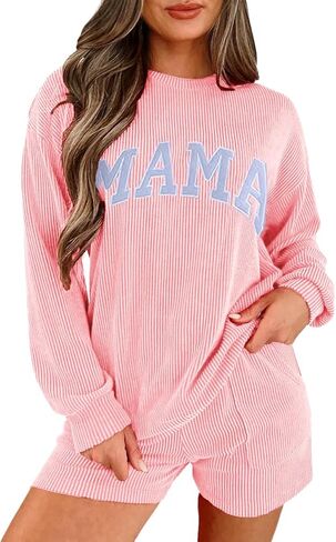 بيجامة عيد الميلاد للسيدات بأكمام طويلة مضلعة وسروال قصير متطابق مع مجموعة ملابس مريحة مع جيوب in Kuwait