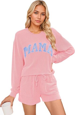 بيجامة عيد الميلاد للسيدات بأكمام طويلة مضلعة وسروال قصير متطابق مع مجموعة ملابس مريحة مع جيوب in Kuwait