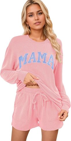 بيجامة عيد الميلاد للسيدات بأكمام طويلة مضلعة وسروال قصير متطابق مع مجموعة ملابس مريحة مع جيوب in Kuwait