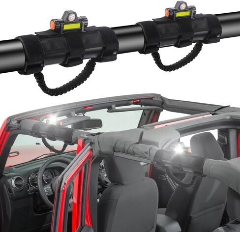 Sidaqi 2PCS Paracord Grab Handles Compatible with Jeep Wrangler 1955-2023 YJ TJ JK JL Gladiator JT ATV UTV Wrangler Grip Handle Roll Bar Grab Handles with LED Light-Black in Saudi Arabia