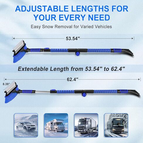 62.4" Foldable Snow Brush and Ice Scrapers for Car Windshield, Adjustable Snow Brush, Extendable Snow Removal Tool with Non-Slip Foam Grip, 180° Pivoting Snow Brush for Car, SUV, Truck in Kuwait