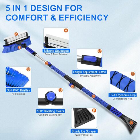 62.4" Foldable Snow Brush and Ice Scrapers for Car Windshield, Adjustable Snow Brush, Extendable Snow Removal Tool with Non-Slip Foam Grip, 180° Pivoting Snow Brush for Car, SUV, Truck in Kuwait