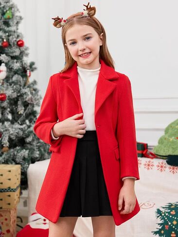 Haloumoning Girls Dress Coat Kids Single-Button Lapel Wool Blend Long Winter Jackets with Pockets 5-14 Years in Saudi Arabia