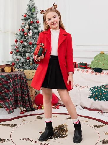 Haloumoning Girls Dress Coat Kids Single-Button Lapel Wool Blend Long Winter Jackets with Pockets 5-14 Years in Saudi Arabia