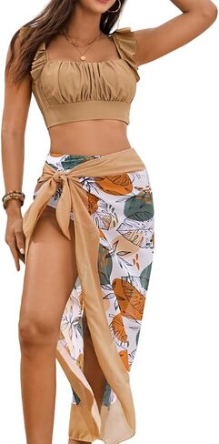 Women's 3 Piece Swimsuits, High Waisted Bikini Set with Floral Long Sarong Bathing Suit, Beach Vacation Pool Party in Saudi Arabia