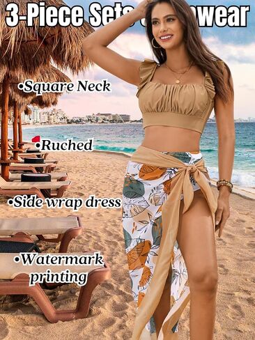 Women's 3 Piece Swimsuits, High Waisted Bikini Set with Floral Long Sarong Bathing Suit, Beach Vacation Pool Party in Saudi Arabia