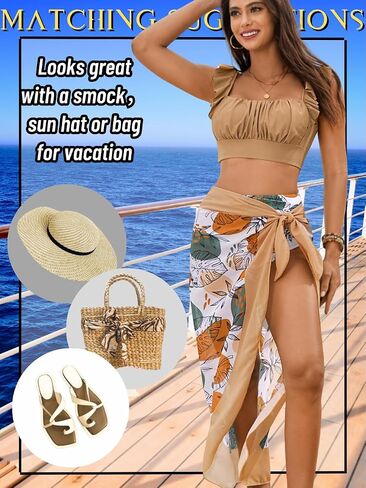 Women's 3 Piece Swimsuits, High Waisted Bikini Set with Floral Long Sarong Bathing Suit, Beach Vacation Pool Party in Saudi Arabia