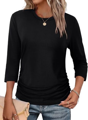 WIHOLL حريمي 3/4 طول كم بلايز Crewneck Ruched قمصان صيفية أعمال ملابس غير رسمية بلوزات خريف موضة ملابس in Kuwait