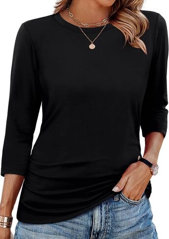 WIHOLL حريمي 3/4 طول كم بلايز Crewneck Ruched قمصان صيفية أعمال ملابس غير رسمية بلوزات خريف موضة ملابس in Kuwait