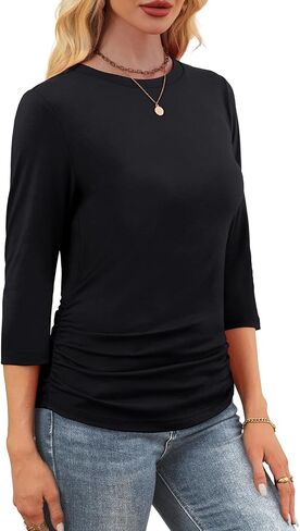 WIHOLL حريمي 3/4 طول كم بلايز Crewneck Ruched قمصان صيفية أعمال ملابس غير رسمية بلوزات خريف موضة ملابس in Kuwait