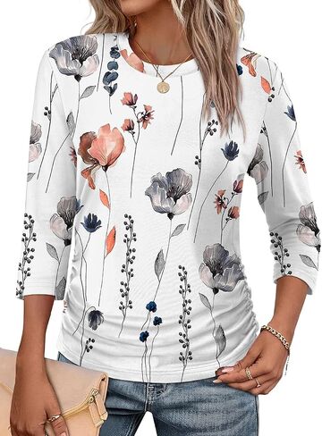 WIHOLL حريمي 3/4 طول كم بلايز Crewneck Ruched قمصان صيفية أعمال ملابس غير رسمية بلوزات خريف موضة ملابس in Saudi Arabia