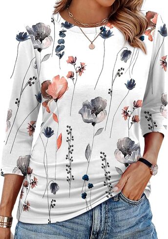 WIHOLL حريمي 3/4 طول كم بلايز Crewneck Ruched قمصان صيفية أعمال ملابس غير رسمية بلوزات خريف موضة ملابس in Saudi Arabia