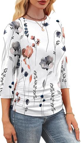 WIHOLL حريمي 3/4 طول كم بلايز Crewneck Ruched قمصان صيفية أعمال ملابس غير رسمية بلوزات خريف موضة ملابس in Saudi Arabia