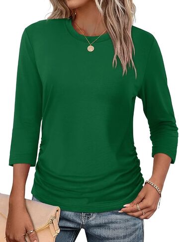 WIHOLL حريمي 3/4 طول كم بلايز Crewneck Ruched قمصان صيفية أعمال ملابس غير رسمية بلوزات خريف موضة ملابس in Kuwait