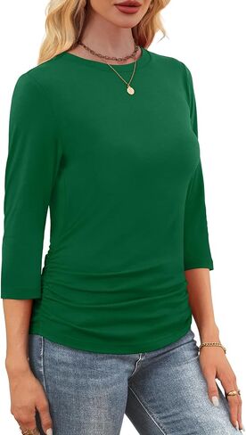 WIHOLL حريمي 3/4 طول كم بلايز Crewneck Ruched قمصان صيفية أعمال ملابس غير رسمية بلوزات خريف موضة ملابس in Kuwait