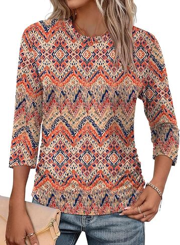 WIHOLL حريمي 3/4 طول كم بلايز Crewneck Ruched قمصان صيفية أعمال ملابس غير رسمية بلوزات خريف موضة ملابس in Kuwait