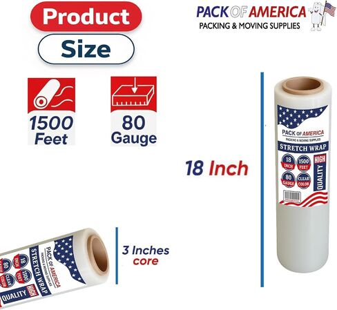 Stretch Film - 2 Roll Clear, 18" x 1500 Feet, 80 Gauge (20 Micron) Industrial Heavy Duty Plastic Shrink Wrap with Hand Saver for Packing, Shipping, Pallet, Moving Supplies in Saudi Arabia