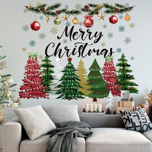 2 Pcs Large Christmas Tree Wall Decals Large Merry Christmas Watercolor Tree Wall Stickers Peel and Stick Removable Xmas Pine Tree Wall Decals for Bedroom Living Room Offices Home Decoration in Saudi Arabia