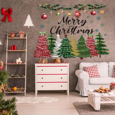 2 Pcs Large Christmas Tree Wall Decals Large Merry Christmas Watercolor Tree Wall Stickers Peel and Stick Removable Xmas Pine Tree Wall Decals for Bedroom Living Room Offices Home Decoration in Saudi Arabia