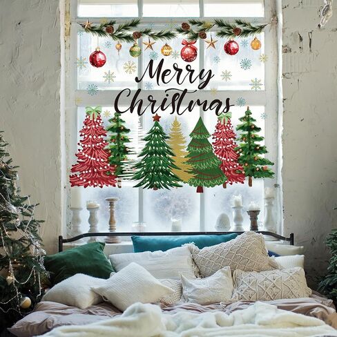 2 Pcs Large Christmas Tree Wall Decals Large Merry Christmas Watercolor Tree Wall Stickers Peel and Stick Removable Xmas Pine Tree Wall Decals for Bedroom Living Room Offices Home Decoration in Saudi Arabia