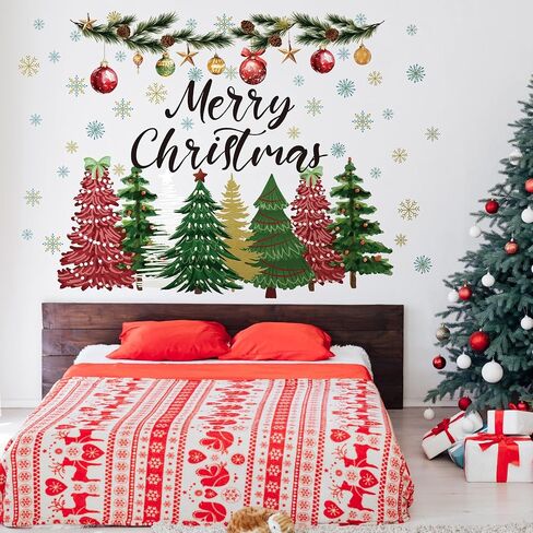 2 Pcs Large Christmas Tree Wall Decals Large Merry Christmas Watercolor Tree Wall Stickers Peel and Stick Removable Xmas Pine Tree Wall Decals for Bedroom Living Room Offices Home Decoration in Saudi Arabia