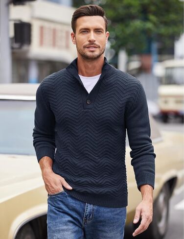 COOFANDY Mens Quarter Button Sweater Turtleneck Pullover Sweater Cable Knit Henley Mock Neck Sweater in Saudi Arabia