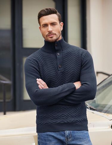 COOFANDY Mens Quarter Button Sweater Turtleneck Pullover Sweater Cable Knit Henley Mock Neck Sweater in Saudi Arabia